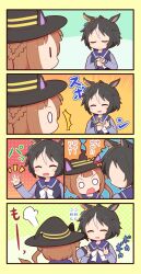 Rule 34 | 0 0, 2girls, :d, ^^^, ^ ^, animal ears, black hair, black hat, black shirt, blush stickers, bow, character request, chibi, closed eyes, closed mouth, detachable thumb, fake animal ears, gomashio (goma feet), hat, highres, horse hat, long sleeves, magic trick, multicolored hair, multiple girls, notice lines, o o, open mouth, puffy long sleeves, puffy sleeves, school uniform, shirt, sleeves past wrists, smile, streaked hair, sweat, sweep tosho (umamusume), tracen school uniform, translation request, umamusume, v-shaped eyebrows, white bow, white hair, witch hat, | |