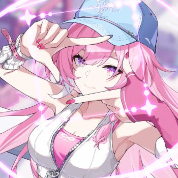 1girl absurdres blue_hat breasts chinese_commentary cleavage commentary_request crop_top cyrene_(anta)_(honkai:_star_rail) cyrene_(demiurge)_(honkai:_star_rail) cyrene_(honkai:_star_rail) diamond-shaped_pupils diamond_(shape) hat highres honkai:_star_rail honkai_(series) large_breasts long_hair multicolored_hair official_alternate_costume pink_hair purple_eyes smile solo srf_feng symbol-shaped_pupils two-tone_hair very_long_hair white_hair