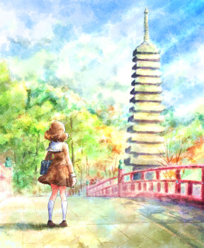 1girl architecture autumn_leaves bag brown_dress brown_hair brown_serafuku commentary_request day dress east_asian_architecture fluffy_hair forest full_body hibike!_euphonium highres kitauji_high_school_uniform kneehighs kyoto_prefecture leaf loafers long_sleeves nature oumae_kumiko outdoors pagoda real_world_location scenery school_bag school_uniform serafuku shoes sky socks solo standing tmakatof white_socks winter_uniform