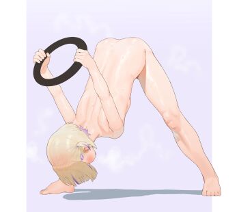 1girl absurdres bent_over blonde_hair commentary_request completely_nude exercising frikulu highres holding hololive hololive_dev_is multicolored_hair nude purple_background ring-con shadow short_hair simple_background solo streaked_hair todoroki_hajime