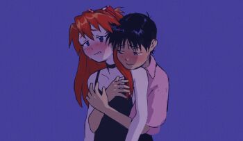 1boy 1girl black_dress black_hair black_pants blue_eyes blush collar collarbone collared_shirt crossed_arms crying dokudrinker dress grope_from_behind groping hug ikari_shinji interface_headset_(evangelion) neon_genesis_evangelion pale_skin pants pink_shirt red_hair shirt source_request souryuu_asuka_langley