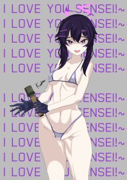 1girl absurdres artist_name blue_archive english_text explosive grenade hair_ornament hairpin halo haruka_(blue_archive) heart heart-shaped_pupils highres holding holding_weapon kazunatsu looking_at_viewer open_mouth purple_eyes purple_hair purple_halo short_hair signature stielhandgranate symbol-shaped_pupils undershirt underwear weapon yandere