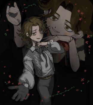 Rule 34 | 2boys, absurdres, asoresu i, belt, black gloves, black pants, black ribbon, black vest, brown belt, brown eyes, brown hair, cowboy shot, cropped vest, doll joints, gloves, grey shirt, grin, hair intakes, highres, identity v, joints, looking at another, looking at viewer, louis (identity v), male focus, matthias czernin, multiple boys, neck ribbon, outstretched hand, pants, ribbon, shirt, single glove, smile, stitched eye, strangling, sweat, tearing up, vest