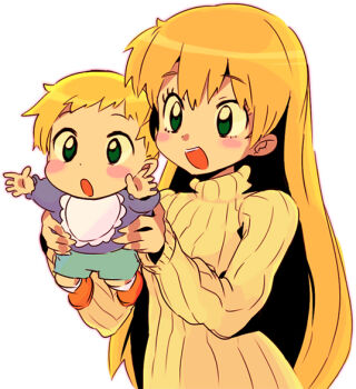 1girl :d baby bad_id bad_pixiv_id bib blonde_hair blush_stickers daa!_daa!_daa! green_eyes kouzuki_miyu long_hair open_mouth outstretched_arms outstretched_hand rawan reaching ruu_(daa!_daa!_daa!) simple_background smile sweater