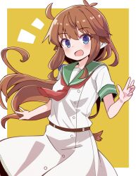 Rule 34 | 1girl, :d, ahoge, animal ears, belt, blue eyes, blush, brown hair, dress, highres, long hair, looking at viewer, neckerchief, notice lines, open mouth, original, red neckerchief, sailor collar, sailor dress, school uniform, short sleeves, simple background, smile, solo, tail, tsukimi shokudouki, two-tone background, white dress, yellow background, yukinagi