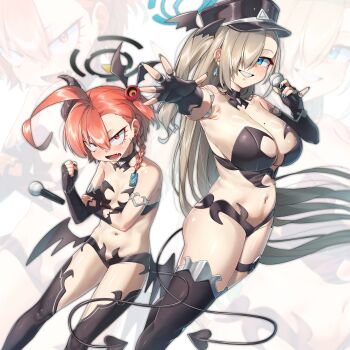 2girls absurdres ahoge asuna_(blue_archive) bare_shoulders bikini black_bikini black_gloves black_halo black_hat black_thighhighs blonde_hair blue_archive blue_eyes blue_halo blush braid breasts cleavage collarbone commentary demon_horns demon_tail demon_wings detached_collar elbow_gloves fang gloves grin groin hair_between_eyes hair_over_one_eye halo hat head_wings highres holding holding_microphone horns huge_ahoge large_breasts long_hair looking_at_viewer microphone mole mole_on_breast multiple_girls navel neru_(blue_archive) open_mouth orange_hair ponytail red_eyes short_hair single_braid single_horn small_breasts smile swimsuit tail thigh_strap thighhighs thighs very_long_hair walking_nakta wings