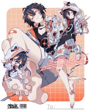 Rule 34 | 1boy, androgynous, animal ear hood, bandaid, bandaid on knee, bandaid on leg, bare legs, barefoot, black hair, black shirt, border, bright pupils, chibi, closed eyes, closed mouth, commentary request, commission, cropped jacket, ear piercing, fake animal ears, feet, foot focus, full body, grid background, highres, hood, hood down, jacket, jewelry, legs, looking at viewer, male focus, multicolored hair, multiple views, namagaki ataru, necklace, open mouth, orange eyes, orange hair, original, piercing, shirt, shoes, short hair, short shorts, shorts, signature, sitting, skeb commission, smile, sneakers, soles, spread toes, streaked hair, toenails, toes, unworn shoes, white border, white jacket, white pupils, white shoes, white shorts