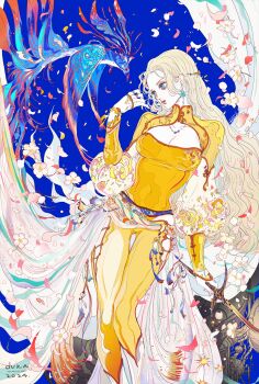 1girl bird blonde_hair blue_background blue_eyes breasts celes_chere cleavage_cutout clothing_cutout covered_navel cropped_legs earrings falling_petals final_fantasy final_fantasy_vi flower hair_ornament highres holding holding_sword holding_weapon jewelry large_breasts leotard long_hair long_sleeves looking_to_the_side makeup mandarin_collar oju_(ouka) orange_leotard pants parted_bangs petals phoenix puffy_sleeves ring ringed_eyes sash solo sword very_long_hair wavy_hair weapon yellow_pants