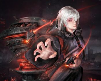 1girl battlefield breasts command_&amp;_conquer command_&amp;_conquer:_red_alert cqdym dart earrings fingernails fur_trim glowing hair_over_one_eye hood hood_down hoodie incoming_attack jewelry libra_(mental_omega) lips looking_at_viewer machine machinery mental_omega_(mod) midriff navel nose pleated_skirt reaching reaching_towards_viewer realistic red_eyes resh_vav_yod_symbol short_hair skirt small_breasts solo straight-on straight_hair telekinesis white_hair