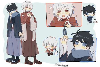 Rule 34 | 2boys, :d, adjusting scarf, akinashi haru, black hair, black kimono, black socks, blackseek, blue eyes, blue hakama, blue haori, blue scarf, blush, boots, bright pupils, brown boots, brown hakama, chibi, chibi inset, chinese commentary, commentary, cup, full body, hakama, hand up, haori, haori himo, highres, holding, holding cup, holding hands, japanese clothes, kimono, long sleeves, male focus, medium hair, multiple boys, multiple views, omamori, open mouth, red eyes, red kimono, red scarf, saihate eki, sandals, scarf, short hair, smile, snowing, snowman, socks, standing, tatsunami shion, white hair, white haori, white pupils, wide sleeves