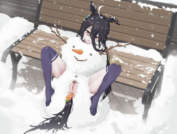 1girl ahoge anal anal_object_insertion animal_ears asphyxiation black_hair breasts brown_eyes carrot chair death empty_eyes long_hair multicolored_hair nude object_insertion outdoors peeing ryaw3428 sitting small_breasts snow snowing snowman spread_legs strangling tail white_hair