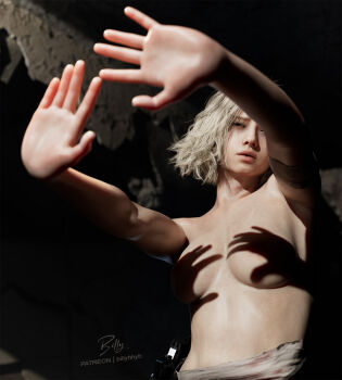 1girl 3d billyhhyb blender_(medium) breasts grace_ashcroft hand_shadow_covering_breasts_(meme) highres medium_breasts meme outstretched_arms parted_lips photo-referenced resident_evil resident_evil_requiem shadow shadow_censor short_hair solo topless_female upper_body