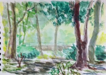 bridge bush day grass harusa1107 highres leaf no_humans original painting_(medium) railing scenery sketch traditional_media tree watercolor_(medium)