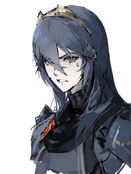 1girl blue_eyes blue_hair fire_emblem fire_emblem_awakening hair_between_eyes highres lkppp long_hair looking_at_viewer lucina_(fire_emblem) nintendo solo sweatdrop tiara upper_body