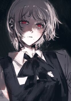1girl black_background black_ribbon chainsaw_man collared_shirt death_devil_(chainsaw_man) dress earrings expressionless fourth_east_high_school_uniform gakuran highres jewelry long_sleeves looking_at_viewer moku_(muooku) mole mole_under_mouth neck_ribbon necktie pinafore_dress red_eyes ribbon ringed_eyes school_uniform shirt short_hair sleeveless sleeveless_dress solo white_shirt