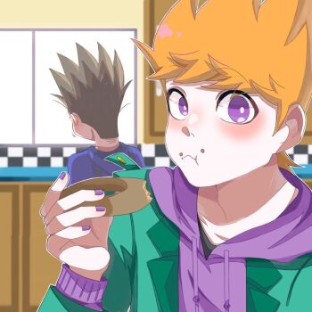 Rule 34 | 2boys, animification, bad id, bad twitter id, blue hoodie, blush, bright pupils, brown hair, donut, drawstring, eating, eddsworld, food, green jacket, holding, holding food, hood, hood down, hoodie, in-universe location, indoors, jacket, kitchen, long sleeves, male focus, matt (eddsworld), multiple boys, open clothes, open jacket, orange hair, purple eyes, purple hoodie, purple nails, spiked hair, teru (teru 0705m), tom (eddsworld), upper body, white pupils