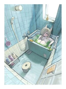 1girl animal_ears bathing bathroom blonde_hair blue_archive blush closed_eyes commentary_request completely_nude day from_above hair_over_one_eye halo highres in_bathtub indoors kanna_(blue_archive) knees_to_chest long_hair nude open_mouth overexposure partially_submerged relaxing rubber_duck shower_head sitting solo stool tile_wall tiles wide_shot window yamabuki0