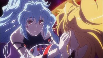 10s 2girls alfimi blonde_hair blue_hair excellen_browning female_focus highres light_blue_hair long_hair multiple_girls ponytail screencap super_robot_wars super_robot_wars_og_the_inspector super_robot_wars_original_generation super_robot_wars_original_generation_2 tagme yuri