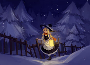 1girl apron black_hat black_skirt black_vest blonde_hair boots bow brown_boots closed_mouth frilled_apron frilled_hat frilled_skirt frills furahata_gen hair_between_eyes hand_on_railing hat hat_bow highres holding holding_lantern kirisame_marisa lantern long_hair long_sleeves looking_at_viewer pine_tree railing red_scarf scarf shirt skirt sleeve_cuffs smile snow snowing socks solo touhou tree vest walking white_apron white_shirt white_socks winter witch_hat