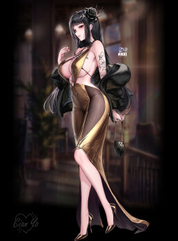 1girl arm_tattoo bare_shoulders black_hair black_jacket blunt_bangs blurry blurry_background blush breasts cian_yo commentary covered_navel d_(killer_wife)_(nikke) d_(killer_wife)_(secret_party_cleaner)_(nikke) d_(nikke) dress earrings english_commentary full_body goddess_of_victory:_nikke gold_footwear hair_ornament hand_up high_heels highres holding jacket jewelry large_breasts mixed-language_commentary nail_polish off_shoulder parted_lips red_eyes smile solo standing tattoo thighs two-tone_dress yellow_dress