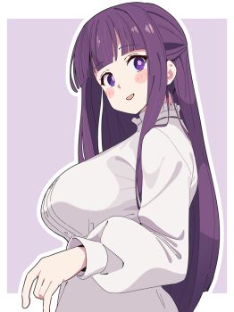 Rule 34 | 1girl, blunt bangs, blush, blush stickers, border, breasts, commentary request, dress, fern (sousou no frieren), highres, large breasts, long hair, looking at viewer, noyama takenoko, outside border, purple background, purple eyes, purple hair, simple background, solo, sousou no frieren, white border, white dress