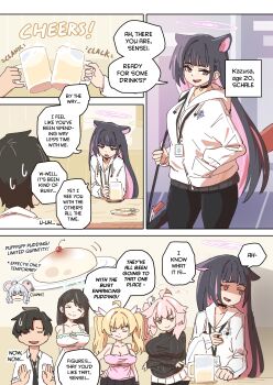 1boy 5girls aged_up ahoge airi_(blue_archive) alternate_breast_size_(larger) animal_ears anya's_heh_face_(meme) bare_shoulders black_choker black_hair black_pantyhose black_skirt black_sweater blonde_hair blue_archive breast_envy breasts brown_hair cat_ears chibi chibi_inset choker cleavage closed_eyes comic cup dress english_text food green_halo gun halo jacket kazusa_(blue_archive) lanyard long_hair mabufuyo machine_gun mug multicolored_hair multiple_girls natsu_(blue_archive) neck_bell pantyhose pink_eyes pink_hair pink_halo pink_shirt pudding saya_(blue_archive) sensei_(blue_archive) shaded_face shirt short_hair skirt smile smug sweater thick_thighs thighs weapon white_dress white_jacket white_shirt wide_hips yellow_halo yoshimi_(blue_archive)