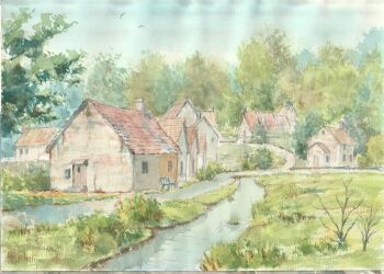 Rule 34 | bare bush, bench, commentary request, cotswolds, england, flower bush, house, landscape, no humans, original, painting (medium), paruperu, real world location, scenery, simple bird, stream, traditional media, tree, united kingdom, village, watercolor (medium)