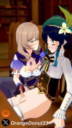 1boy 1girl 3d animated blush bottomless braid brown_hair erection genshin_impact gloves green_eyes green_hair green_hat handjob hat hetero highres indoors lewdheart lisa_(genshin_impact) long_hair moaning opennsfwsp orangedonut33 patreon_logo penis reiishorny sitting small_penis sound squishsuccubus tagme testicles thighhighs trap trap_on_female twin_braids twitter_username twitter_x_logo venti_(genshin_impact) video white_thighhighs