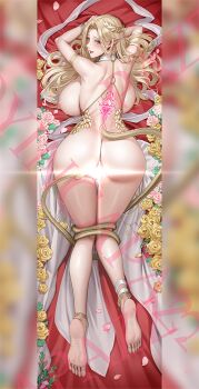 1girl aftersex ass backboob blonde_hair breasts celestine_lucullus completely_nude dakimakura_(medium) demon_girl demon_horns demon_tail from_behind full_body green_eyes hair_spread_out horns huge_breasts kuroinu_~kedakaki_seijo_wa_hakudaku_ni_somaru~ lactation light_censor long_hair nipples nude open_mouth petals tail tongue tongue_out tsuki_no_i-min very_long_hair