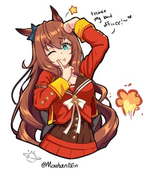 1girl animal_ears blue_bow bow breasts brown_hair brown_sailor_collar cleavage cropped_jacket ear_bow ear_ornament hair_between_eyes horse_ears horse_girl horse_tail jacket large_breasts long_hair long_sleeves looking_at_viewer maruzensky_(formula_r)_(umamusume) maruzensky_(umamusume) mouhantain pendant_choker red_jacket red_serafuku red_shirt red_skirt sailor_collar school_uniform serafuku shirt simple_background skirt smile solo tail umamusume umamusume:_cinderella_gray