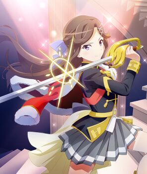 Rule 34 | 1girl, belt, black jacket, brown hair, closed mouth, cowboy shot, diffraction spikes, dot nose, from side, fur-trimmed jacket, fur trim, game cg, glint, grey skirt, hair ornament, holding, holding sword, holding weapon, jacket, jacket on shoulders, knee up, light rays, long hair, long sleeves, looking at viewer, looking to the side, official art, pillar, purple eyes, red jacket, red sash, saber (weapon), sash, shoujo kageki revue starlight, skirt, smile, solo, spiral staircase, stairs, sword, tendou maya, third-party source, toji no miko, toji no miko: kizamishi issen no tomoshibi, uneven footing, weapon, x hair ornament, yellow belt