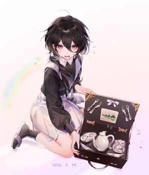 1girl black_hair black_shirt blue_eyes bow box collared_shirt cup hair_between_eyes highres holding holding_box knife long_sleeves looking_at_viewer medium_hair messy_hair original pleated_skirt presenting rainbow shirt sitting skirt spoon teacup teapot wariza white_background white_bow white_skirt yp1091