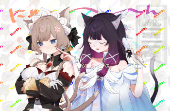 2girls animal_ear_fluff animal_ears bare_shoulders black_dress black_hair blue_eyes blunt_bangs blush breasts brown_hair cat_ears cat_tail cheek_poking cleavage closed_eyes columbina_(genshin_impact) commentary_request detached_collar dress feathered_wings finger_to_another's_cheek frilled_dress frills genshin_impact gloves gradient_hair hair_ribbon head_wings highres holding looking_at_another medium_breasts multicolored_hair multiple_girls multiple_wings omitarou730 open_mouth pink_hair poking ribbon sandrone_(genshin_impact) sidelocks smile sweat tail watermark white_dress white_gloves white_ribbon white_wings wings