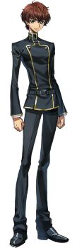 1boy ashford_academy_school_uniform belt black_belt black_pants black_shoes brown_hair code_geass code_geass:_genesic_re;code full_body green_eyes hand_on_own_hip kururugi_suzaku male_focus official_art pants school_uniform shoes short_hair simple_background smile solo standing tachi-e transparent_background