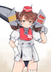 Rule 34 | 1girl, bell, black one-piece swimsuit, brown eyes, brown hair, coat, collar, cosplay, drum (kancolle), drum (kancolle) (cosplay), enjaku izuku, garrison cap, gloves, gradient background, hand on own hip, hat, headgear, highres, kantai collection, long hair, looking at viewer, metal collar, neck bell, one-piece swimsuit, red hat, ryuujou (kancolle), skull print, solo, swimsuit, swimsuit under clothes, torpedo, white coat, white gloves