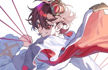 1boy arm_at_side borrowed_character bright_pupils brown_hair cape commission crown flipped_hair from_behind grin hair_between_eyes half-closed_eyes hand_up highres jacket looking_to_the_side male_focus mini_crown neri_neri_da original red_eyes shadow short_hair skeb_commission smile solo string two-sided_cape two-sided_fabric white_jacket white_pupils