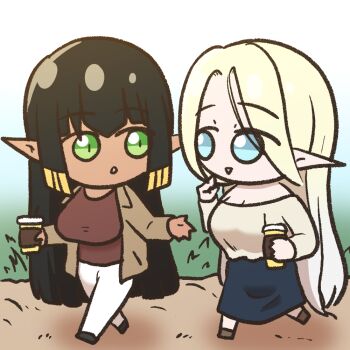 2girls alternate_costume black_hair blonde_hair blue_eyes breasts cerestia_of_life chibi clooliss commentary_request cup dark-skinned_female dark_elf dark_skin disposable_cup elf gold_trim green_eyes holding_disposable_cup_holder jacket korean_commentary large_breasts last_origin long_hair multiple_girls pants parted_bangs pointy_ears sandals sekhmet_of_death shirt skirt triangle_mouth very_long_hair walking