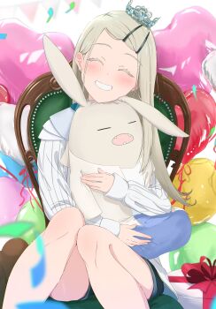 Rule 34 | 1girl, absurdres, balloon, black shorts, blush, box, chair, closed eyes, colored eyelashes, commentary request, confetti, crown, earrings, facing viewer, flipped hair, gakuen idolmaster, gift, gift box, grey hair, hair ornament, hairclip, hajime (idolmaster), heart balloon, highres, holding, holding stuffed toy, idolmaster, jewelry, long hair, long sleeves, mini crown, nokino shida, on chair, open mouth, parallel hairclips, shinosawa hiro, shirt, shorts, sitting, smile, solo, stud earrings, stuffed animal, stuffed rabbit, stuffed toy, white shirt
