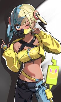 1girl absurdres aqua_hair bandeau belt black_mask blonde_hair blue_eyes blush breasts canari_(pokemon) commentary_request criss-cross_straps dark-skinned_female dark_skin fake_hair_bun gen_4_pokemon highres jacket large_breasts long_sleeves looking_at_viewer mask mask_pull mega_stone midriff mouth_mask multicolored_hair navel nintendo pants poke_ball pokemon pokemon_(creature) pokemon_legends:_z-a quick_ball rotom rotom_phone short_twintails solo split-color_hair sports_bra stomach twintails two-tone_hair two-tone_mask two-tone_pants yellow_bandeau yellow_jacket yellow_mask yellow_sports_bra yumo_(millfievi) zipper
