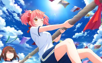 2girls blue_skirt blurry blurry_foreground blush braid breasts brown_hair cloud day depth_of_field game_cg gym_uniform hair_ornament hairclip highres medium_breasts multiple_girls one_eye_closed ootori_kokona pink_hair ribbon school_uniform shirt skirt sky smile sports_festival third-party_source tug_of_war world_dai_star yellow_eyes