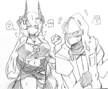 1girl 1other ? alternate_breast_size_(larger) arknights arrow_(symbol) averting_eyes bikini blush breasts cleavage clenched_hands closed_mouth clutching_clothes demon_girl demon_horns doctor_(arknights) eyebrows_hidden_by_hair feet_out_of_frame gloves graphite_(medium) hatching_(texture) highres horns huge_breasts linear_hatching long_hair long_sleeves material_growth mudrock_(arknights) mudrock_(silent_night)_(arknights) navel oni_tengu oripathy_lesion_(arknights) ribbon shy sidelocks speech_bubble spoken_blush spoken_question_mark swimsuit thighs thought_bubble traditional_media underboob white_background