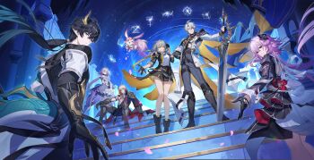 3boys 3girls absurdres arm_tattoo armor black_dress black_gloves black_hair black_jacket black_shoes black_skirt black_sleeves castorice_(honkai:_star_rail) character_request chest_tattoo claymore_(sword) closed_mouth coat dan_heng_(honkai:_star_rail) dan_heng_(permansor_terrae)_(honkai:_star_rail) dragon_boy dragon_horns dress evernight_(honkai:_star_rail) gloves gradient_hair grey_hair hair_between_eyes hair_ornament hashtag-only_commentary highres holding holding_sword holding_weapon honkai:_star_rail honkai_(series) horns jacket little_modao long_hair march_7th_(honkai:_star_rail) multicolored_hair multiple_boys multiple_girls mydei_(honkai:_star_rail) official_alternate_costume orange_hair phainon_(honkai:_star_rail) pink_hair pointy_ears purple_hair red_eyes shirt shoes short_hair shoulder_armor skirt smile stelle_(honkai:_star_rail) sword tattoo trailblazer_(honkai:_star_rail) weapon white_coat white_dress white_hair white_jacket white_shirt yellow_eyes