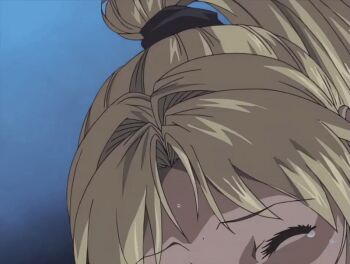 00s 1girl 2003 animated animated_gif bible_black bible_black_night_of_the_walpulgiss blonde_hair bow bowtie high_ponytail implied_sex ponytail purple_eyes saeki_kaori saliva surprised sweat tagme tears