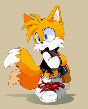 1boy alternate_costume animal_ears black_jacket blue_eyes fox_boy fox_ears fox_tail full_body furry furry_male grey_background highres hikariviny jacket letterman_jacket multiple_tails shoes simple_background solo sonic_(series) tail tails_(sonic) two_tails white_shoes white_sleeves yellow_fur
