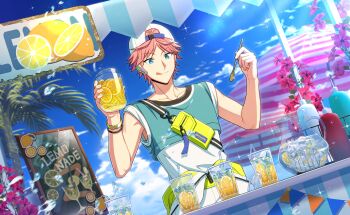 Rule 34 | 1boy, baseball cap, belt, blue eyes, bracelet, cup, dino albani, drinking glass, drinking straw, fingernails, flower, food, fruit, game cg, happy elements, hat, helios rising heroes, highres, holding, holding cup, holding spoon, ice, ice cube, jewelry, lemon, male focus, non-web source, official art, pink hair, shirt, short hair, solo, spoon, table, tongue, tongue out, tree