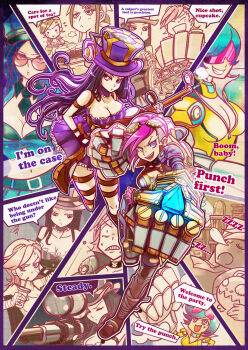 2girls aa2233a belt breasts brown_hair caitlyn_(league_of_legends) cleavage collar earrings english_text gauntlets gloves goggles gun hat highres jewelry kog'maw large_breasts league_of_legends long_hair medium_breasts midriff multiple_girls navel pink_hair ranguage rifle short_hair shoulder_pads speech_bubble teemo tsurime vi_(league_of_legends) weapon