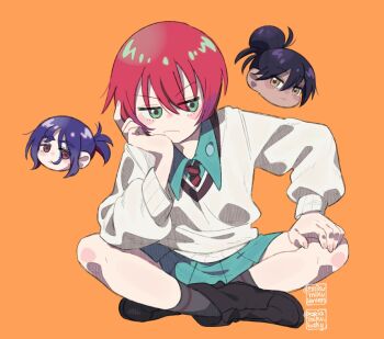 1boy 2girls amate_yuzuriha ariamikukanzaki black_hair blue_hair chibi chibi_inset commentary english_commentary frown green_eyes grey_socks gundam gundam_gquuuuuux hair_between_eyes hair_bun head_rest indian_style miniskirt multiple_girls necktie nyaan_(gundam_gquuuuuux) orange_background pleated_skirt ponytail red_eyes red_hair short_hair short_ponytail shuji_ito signature single_hair_bun sitting skirt socks striped_necktie sweater white_sweater yellow_eyes