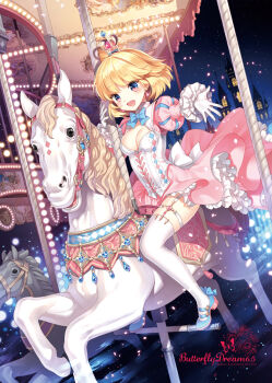 1girl :d bad_id bad_pixiv_id blonde_hair blush breasts carousel cleavage corset crown dress earrings english_text female_focus garter_straps gloves hime_lolita jewelry lolita_fashion looking_at_viewer mary_janes mini_crown nardack night night_sky open_mouth original outstretched_hand pink_eyes princess red_crown shoes short_hair sky smile solo star_(sky) starry_sky symbol-shaped_pupils thighhighs tiara white_gloves white_thighhighs