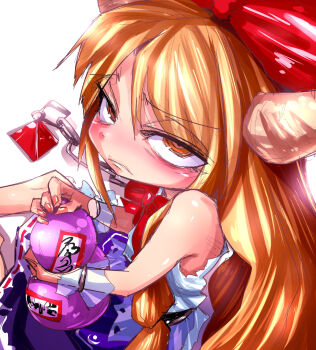 1girl alcohol bad_id bad_pixiv_id bad_twitter_id bow brown_horns chain cuffs gourd holding holding_gourd horn_bow horn_ornament horn_ribbon horns ibuki_suika long_hair looking_at_viewer non-web_source oni orange_hair ribbon sake shimizu_pem shirt skirt sleeveless solo touhou