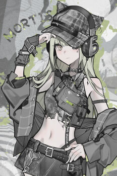 1girl absurdres adjusting_clothes adjusting_headwear ajirui animal_ear_headwear animal_ears arm_belt arm_up bag bang_dream! bang_dream!_it's_mygo!!!!! belt belt_buckle black_belt blunt_bangs buckle buttons character_name choker closed_mouth collared_shirt colored_shadow commentary_request cowboy_shot crop_top cropped_shirt cross-laced_clothes cross-laced_top drop_shadow facial_tattoo fake_animal_ears green_eyes green_hair grey_background grey_jacket grey_shirt hand_on_own_hip headphones highres jacket jacket_partially_removed leaning_to_the_side long_hair long_sleeves looking_at_viewer midriff miniskirt navel o-ring one_eye_covered shadow shirt shoulder_bag skirt sleeveless sleeveless_shirt smile solo spiked_choker spikes spot_color tattoo teardrop_tattoo tilted_headwear wakaba_mutsumi wire wrist_belt zipper